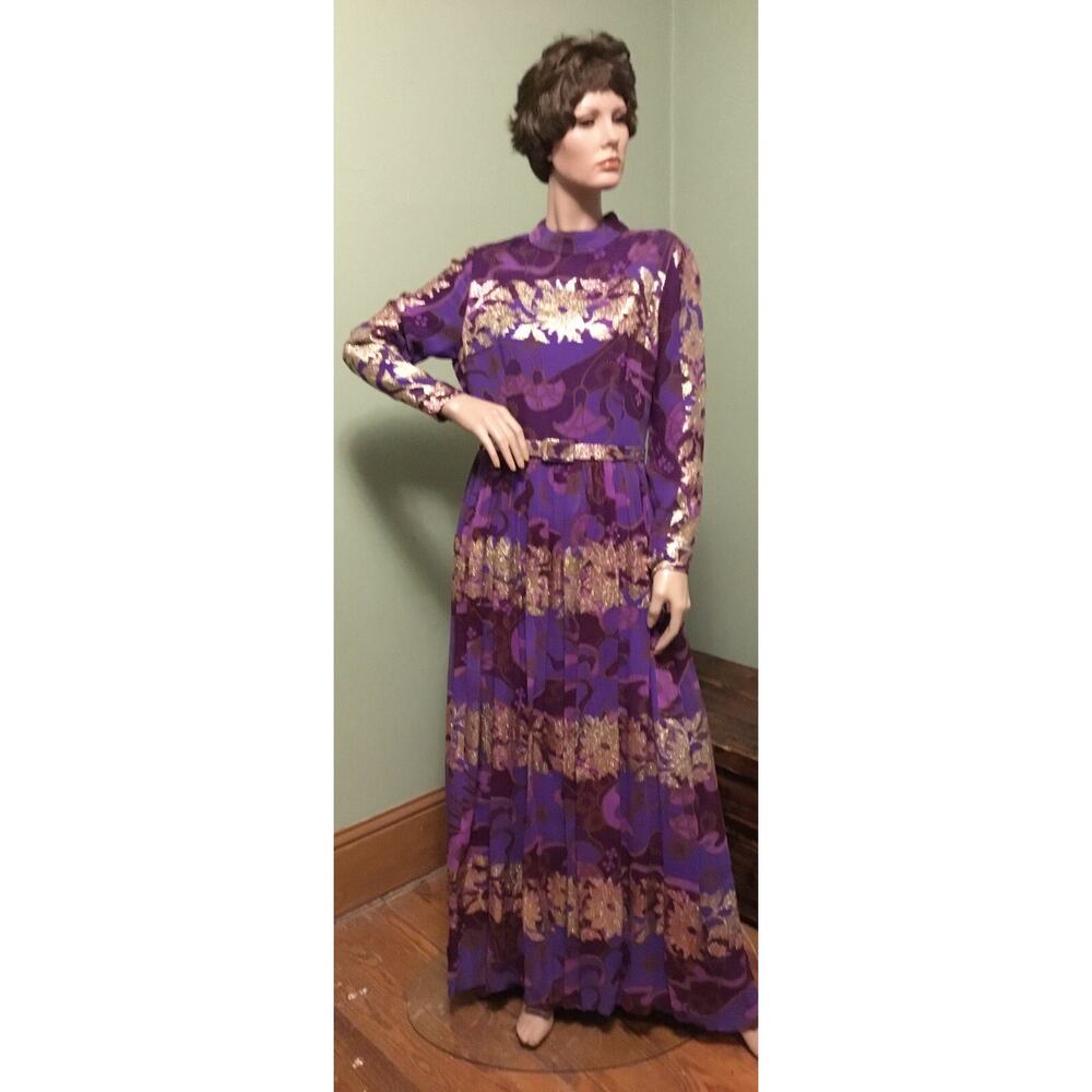 RARE 1970s George Halley Purple Silk Chiffon/Gold Lame Floral Evening Gown Lined